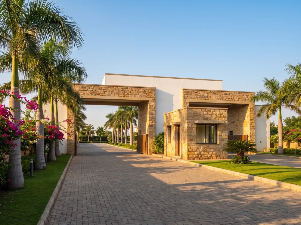 Gated stone entrance to Pearl Blossom