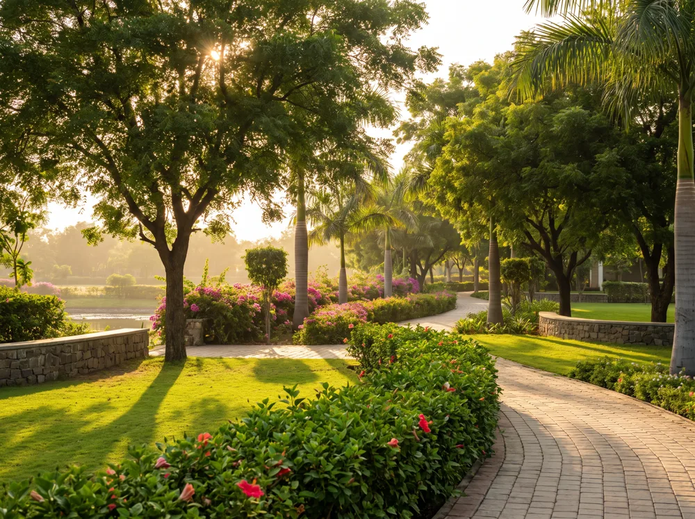 Landscaped garden avenue with greens and flowers