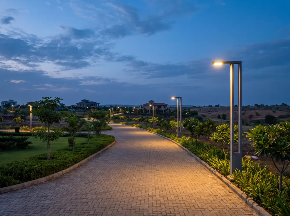 Street-light poles glowing along the road at dusk