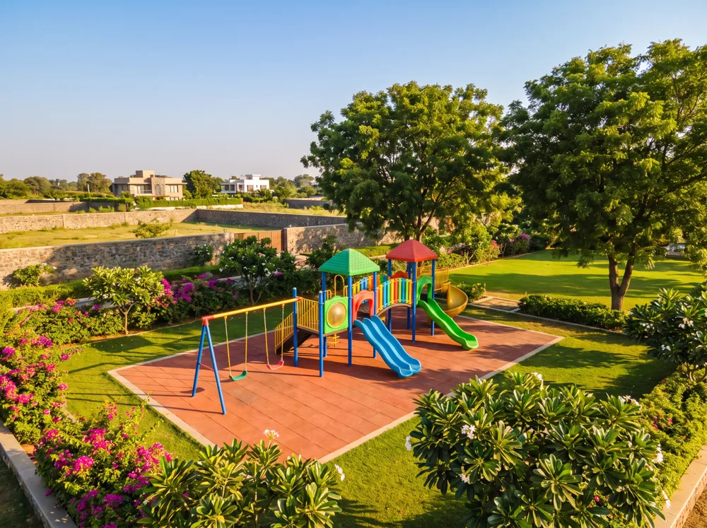 Children's play area with swings and slides