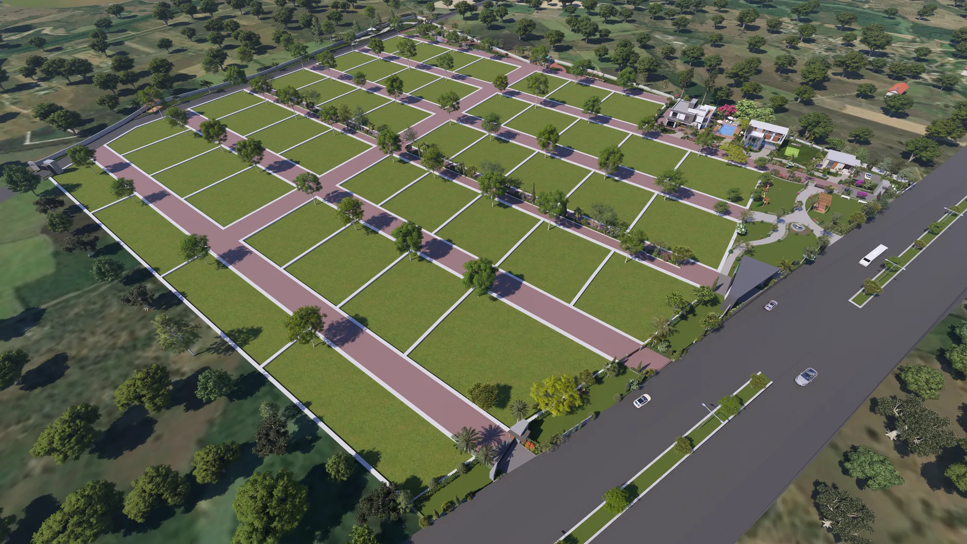Aerial view of the full Pearl Blossom campus